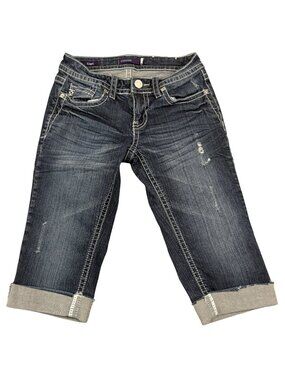 Vigoss Capri Jeans Womens Size 0 Rolled Cuff Distressed Stretch Blue Denim